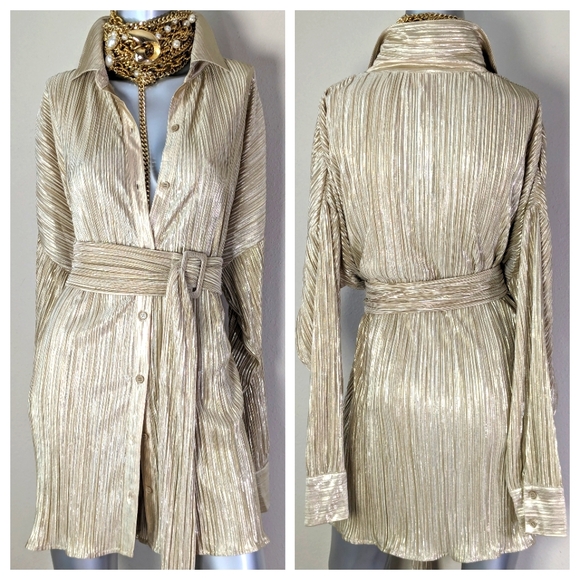 Golden Champagne Shimmery Accordion Pleated Belted Earth Girl "BOHO" Shirt Dress - Picture 10 of 12